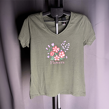 Tee shirt Col V femme kaki taille L  "Flowers"