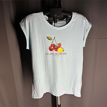 Tee shirt Col V femme bleu taille L "SALADE DE FRUITS"